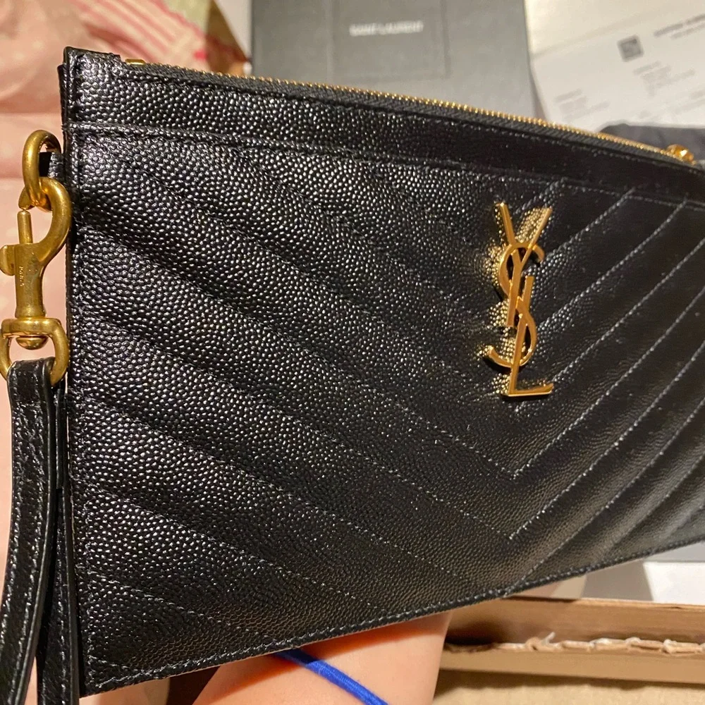 Yves Saint Laurent Black Quilted Leather Wristlet with Gold YSL Logo - Picture 7 of 8